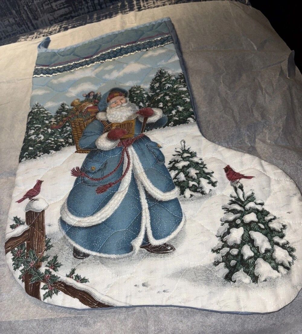 Vintage St Nicholas Christmas Stockings Blue Quilted Santa Cardinal Lot of 2
